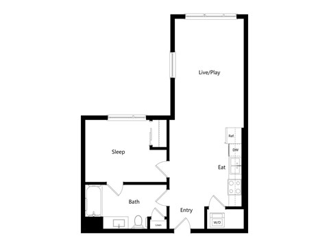 A floor plan of a house with a sleeping area, bathroom, eat-in area and a live/play area.